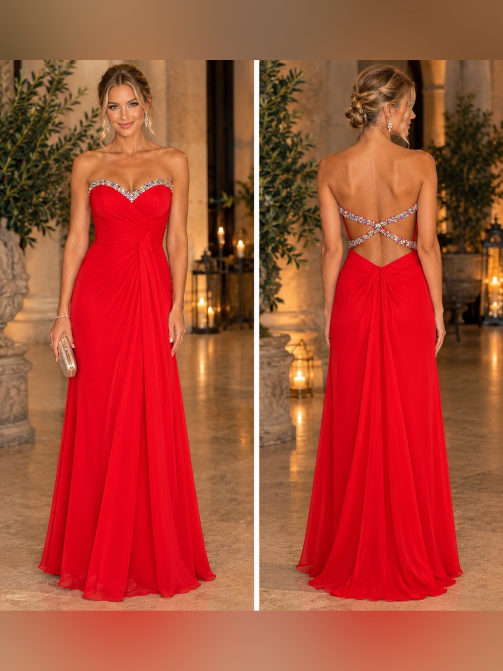 Authentic La Femme Red Strapless Gown with Sweatheart Neckline and Crossed Back - Picture 1 of 13